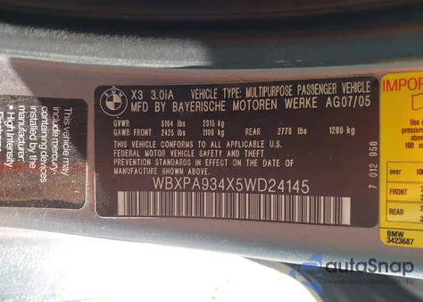 2005 BMW X3 3.0I from USA, damaged, VIN WBXPA934X5WD24145